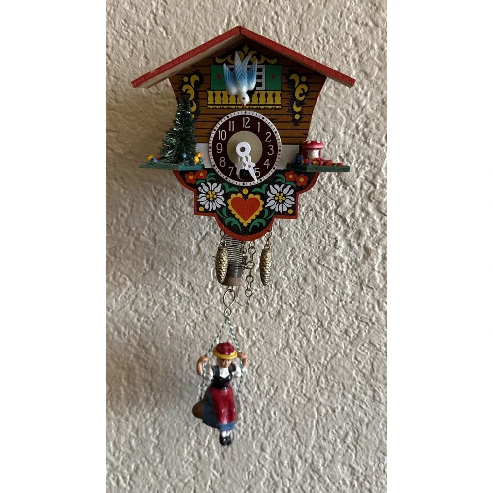 Vintage West German Swiss Chalet Cuckoo Clock w/ Bouncing Girl On Swing No Key